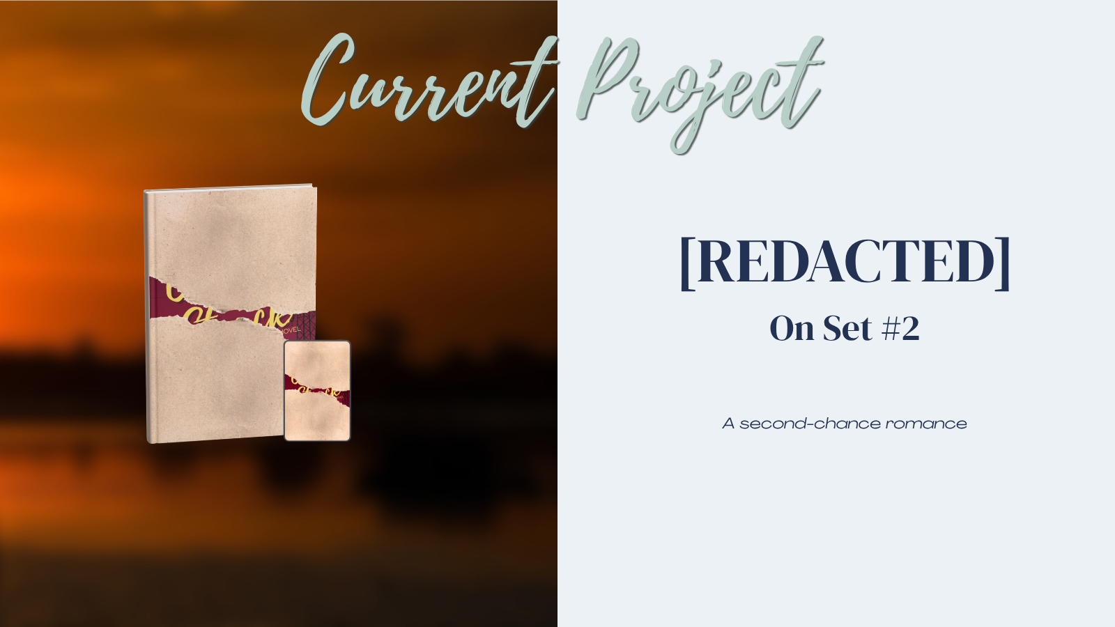 Cover image of a novel titled 'Current Project' featuring a torn brown cover revealing a red design underneath, alongside a smaller notepad. The background shows a warm sunset.