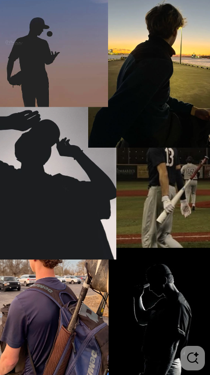 A collage of images featuring silhouettes of baseball players in various poses, including a player holding a ball, a player sitting on a bench, and a player on a baseball field with a bat.
