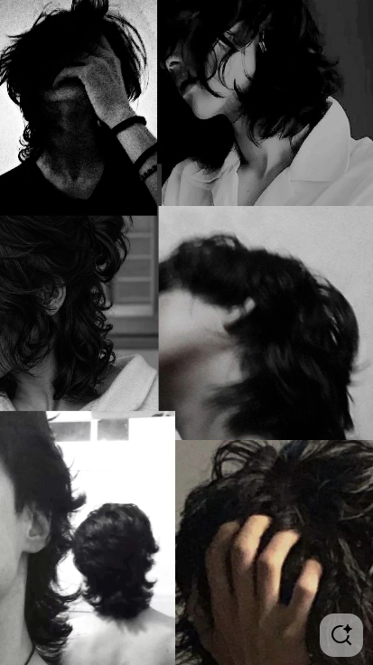 A collage of several images featuring individuals with long, dark hair in various poses, some touching their hair or faces, captured in black and white.